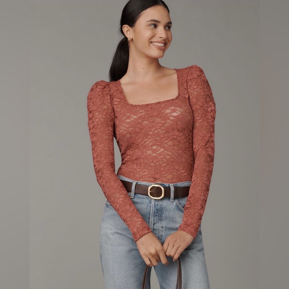 Anthropologie NWT Puff Sleeve Sheer Floral Lace Square Neck Top Pink Blouse XXS